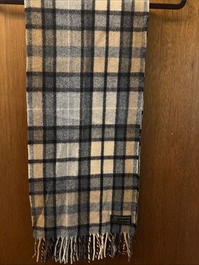 Plaid Fringe Scarf in Blue, Tan and Cream - 100% pure new wool